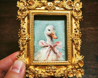 Miniature Duck Oil Painting, Framed Original Art, Gold Frame