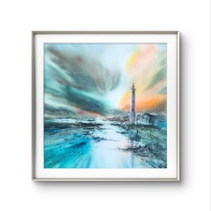 Custom Watercolor Lighthouse Painting, Coastal Seascape Art (20x20 in)