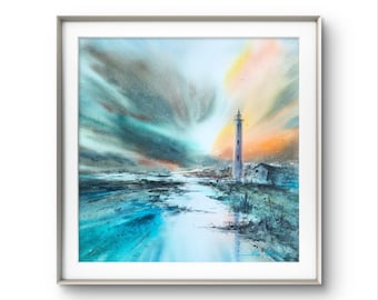 Custom Watercolor Lighthouse Painting, Coastal Seascape Art (20x20 in)