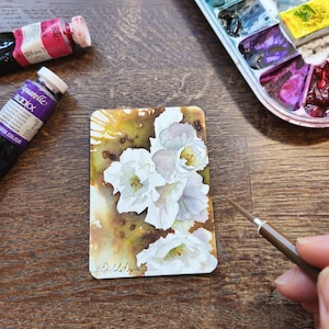 Original Watercolor White Cherry Blossom ACEO, Hand-Painted ATC Flower Art, Mini Botanical Painting, Small Collectible Artwork Card