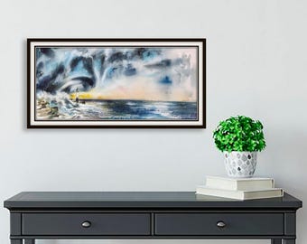 Original Aquarell Leuchtturm Gemälde, Stürmische Landschaft, Nautische Wandkunst