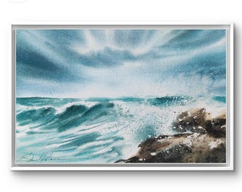 Aquarel oceaangolven, originele kustmuurkunst, klein zeegezicht schilderij 10 x 6,5 in