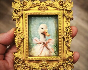 Miniature Duck Oil Painting, Gold Ornate Frame, Small Wall Art