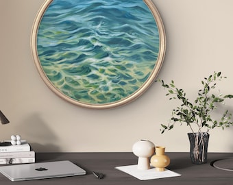 Pintura al óleo original de paisaje marino, lienzo redondo, arte mural costero