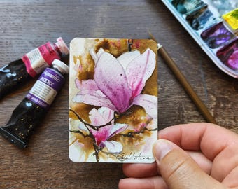 Pink Magnolia Watercolor ACEO, Hand Painted Floral Miniature Art Card, Unique Botanical Collector Gift