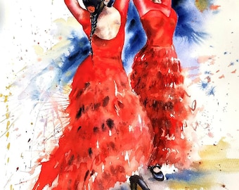 Original Watercolor Painting: Flamenco Dancers in Red, Spanish Art