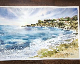 写実的な海景水彩画「海岸にて #4」 - Etsy 日本