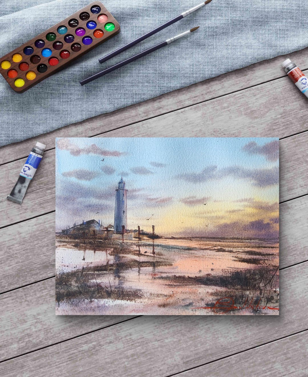 Original Lighthouse Watercolor Painting, Coastal Seaside Art (11x9 In ...