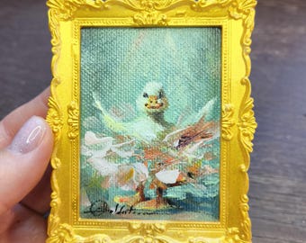 Mini Oil Painting Duck Ballet Art – Cute Animal Artwork in Golden Frame, One of a Kind Whimsical Miniature Art Gift