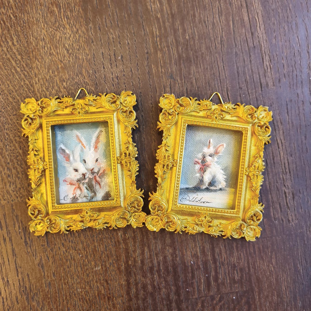 Tiny Wall Decor, Framed Miniature Rabbits Oil Painting, Pet Canvas ...