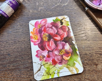 Red Cherry Blossom Watercolor ACEO, Miniature Floral Painting