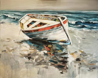 海景ボートの絵画 キャンバスにアクリル絵の具 サイン入り
