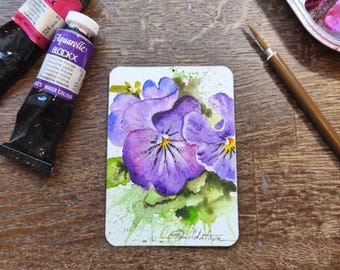 Hand Painted Viola Watercolor ACEO, Miniature Floral Art Card