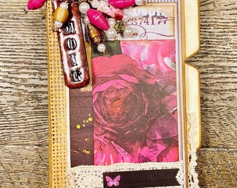 Memoir - Handmade Collaged Slim Line File Folder, Junk Journal, Removable Insert, Tags and Notebook, Gold Foil Accents