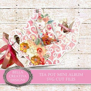 Mini albums ou ensemble de cartes de théière - fichiers de coupe SVG - théière, tasse, petit gâteau, sachet de thé, pochettes - tutoriel vidéo