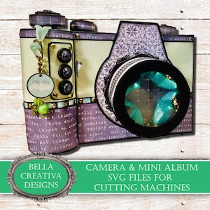May include: A purple and cream camera-shaped mini album with a teal lens and a gold charm that says "Love Your Selfie". The album is decorated with a floral pattern and has a vintage look. The text "Camera & Mini Album SVG Files for Cutting Machines" is written on a green banner below the camera.