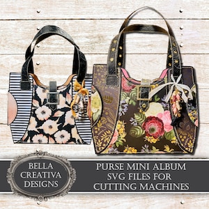 May include: Two black and gold purses with floral patterns and embellishments. The purses are on a wood background with the text "Bella Creativa Designs" and "Purse Mini Album SVG Files for Cutting Machines".
