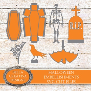 Halloween-embellies - SVG-bestanden - inclusief kistvormige doos, skelet, raaf, vleermuis, grafsteen, spinnenweb