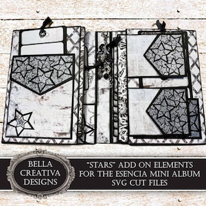 Può includere: Un album di scrapbook fatto a mano con abbellimenti a tema stelle. L'album presenta carta fantasia in bianco e nero, ritagli di stelle ed elementi decorativi. Il testo sull'immagine recita "STARS" ADD ON ELEMENTS FOR THE ESENCIA MINI ALBUM SVG CUT FILES.