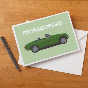Gepersonaliseerde op MGB Roadster geïnspireerde wenskaart, verjaardagskaart
