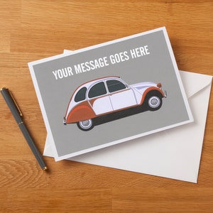 Personalisierte 2CV inspirierte Grußkarte. Geburtstagskarte