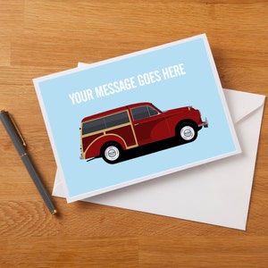 Personalisierte Morris Minor Traveller inspirierte Grußkarte, Geburtstagskarte