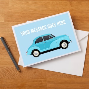 Carte de voeux personnalisée inspirée de Morris Minor Fan Art/carte d'anniversaire/nouvelle carte de travail/carte de retraite, nombreuses couleurs.