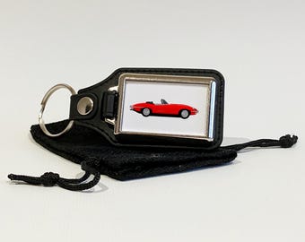 E Type Convertible illustration, Car Art Key Ring, Key Chain, Key Fob, Chrome Metal and Faux Leather, Car Gift, Many car colours available