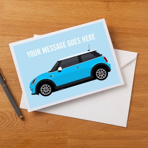 Gepersonaliseerde Mini Fan Art wenskaart, verjaardagskaart, nieuwe autokaart, geslaagde rijexamenkaart, felicitatiekaart.