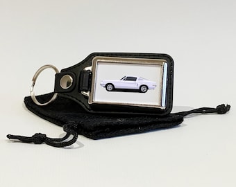 Mustang illustration Key Ring, Key Chain, Key Fob, Chrome Metal and Faux Leather, Car Gift, Many car colours available