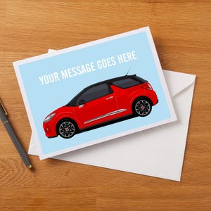 DS3 personnalisée (plusieurs couleurs) avec carte de voeux de fan art sur le toit noir, carte d'anniversaire, première voiture, nouveau conducteur, carte d'anniversaire.