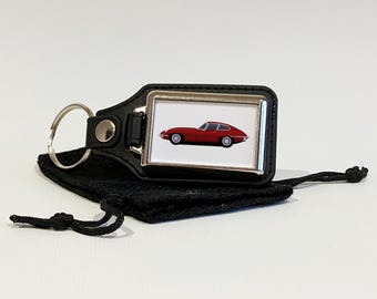 E Type illustration, Car Art, Key Ring, Key Chain, Key Fob, Chrome Metal and Faux Leather, Car Gift, Many car colours available