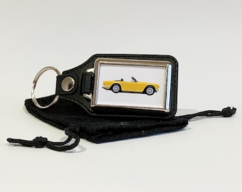 Triumph TR6 illustratie sleutelhanger, sleutelhanger, sleutelhanger, chroommetaal en kunstleer, autocadeau, veel autokleuren beschikbaar