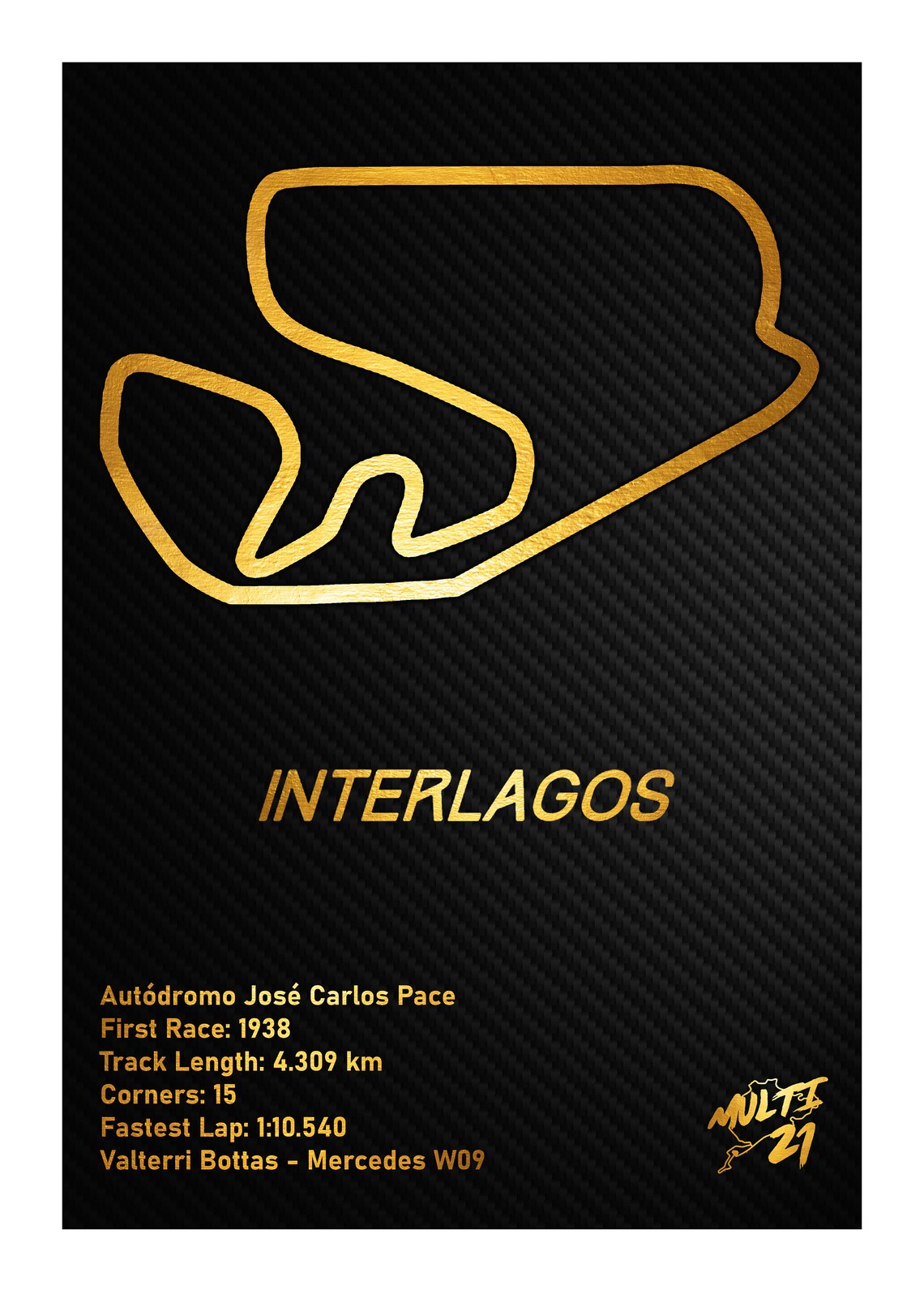 Interlagos Gold Track Map A3 A4 Art Print Only Formula 1 Etsy Ireland