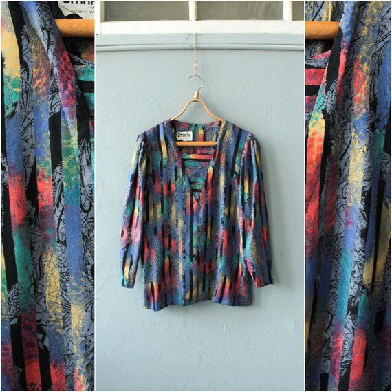 Psychedelic print top, Colorful long sleeve blouse