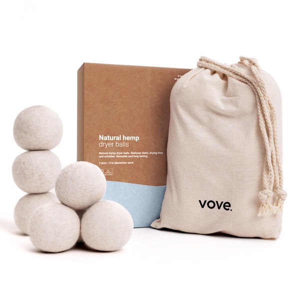 Vove Hemp Dryer Balls, 5x as absorbent as wool, Eco-Friendly & Hypoallergenic, Reduce Drying Time, Wrinkles, Static