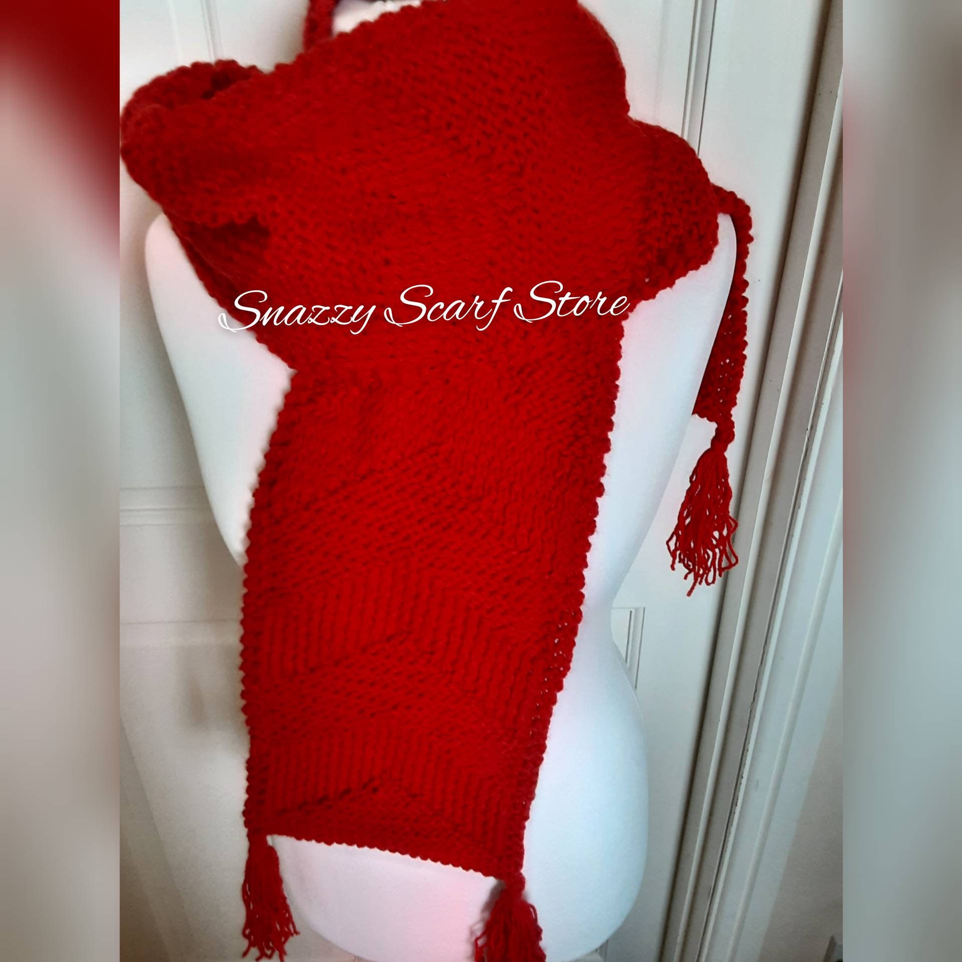 Hand Knitted Red Tassels Scarf - Etsy UK