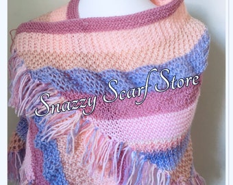 Hand Knitted Pretty In Pink Fringe Shawl