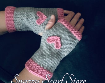 Hand Knitted Grey And Pink Hearts Fingerless Mittens