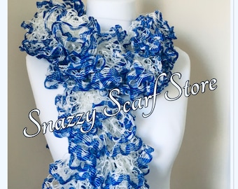 Hand Knitted Blue And White Ruffle Scarf