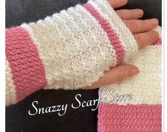 Hand Knitted Pink And White Fingerless Mittens