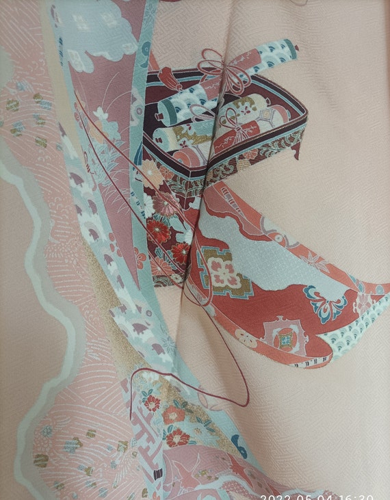 authentic kimono Komon orange pink  100% silk hig… - image 3