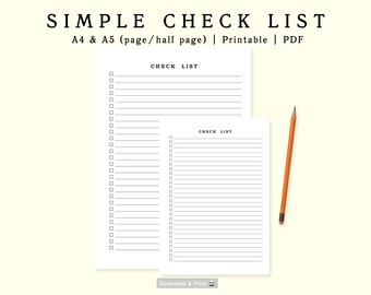 Liste de contrôle simple | Liste de tâches | A4, A 5 (page, demi-page) | Imprimable | PDF