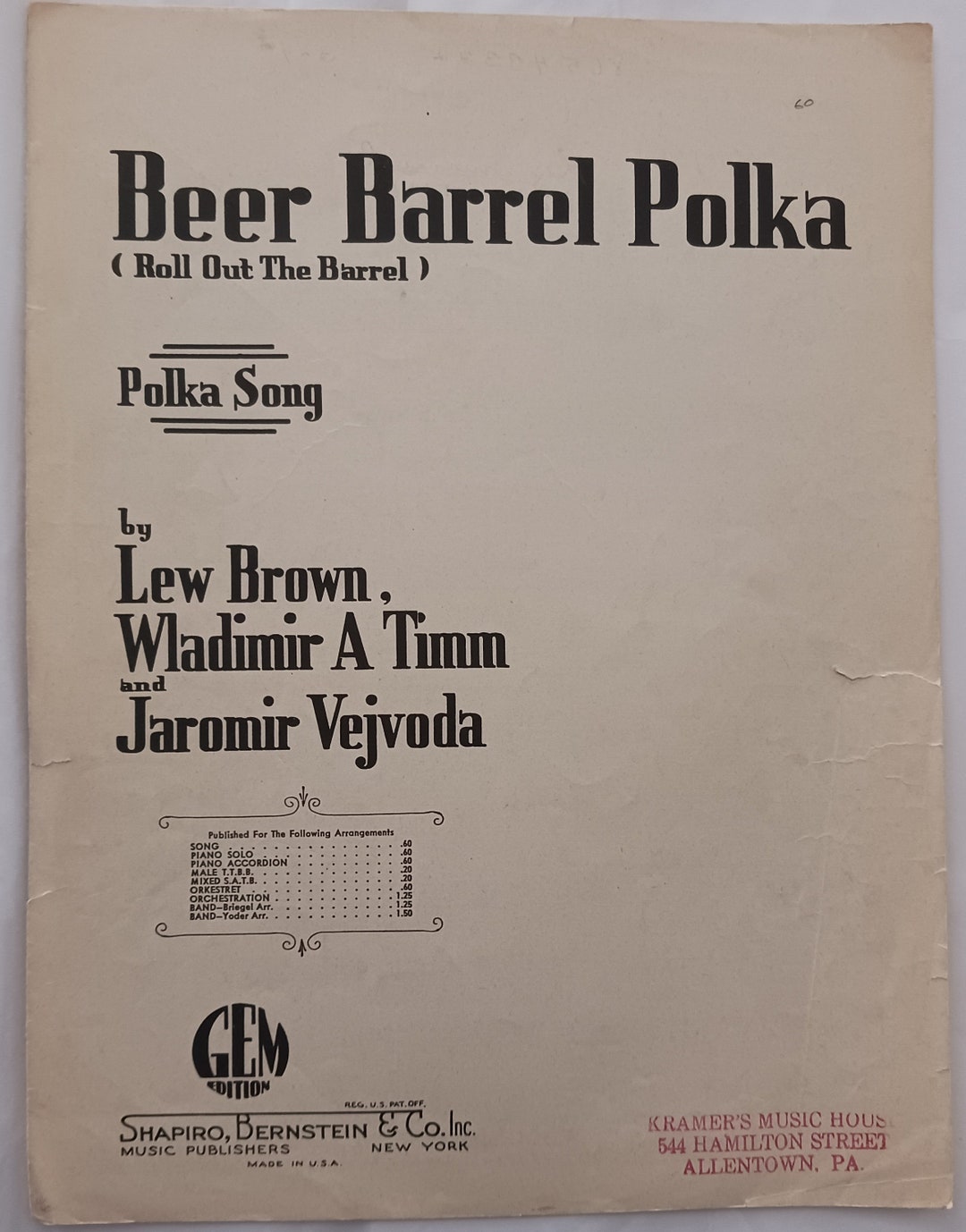 Beer Barrel Polka Sheet Music 1934 Lee Brown Wladimir A Timm & Jaromir