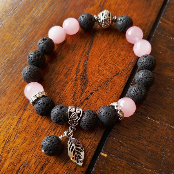 Lava and Natural Rose Quartz Gemstone Bracelet - Larger 10mm Beads - Iceland Jewelry