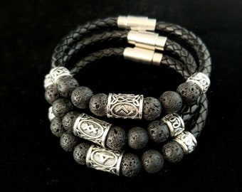 Icelandic Braided Leather Runes Lava Bracelet - Runic Viking Jewelry