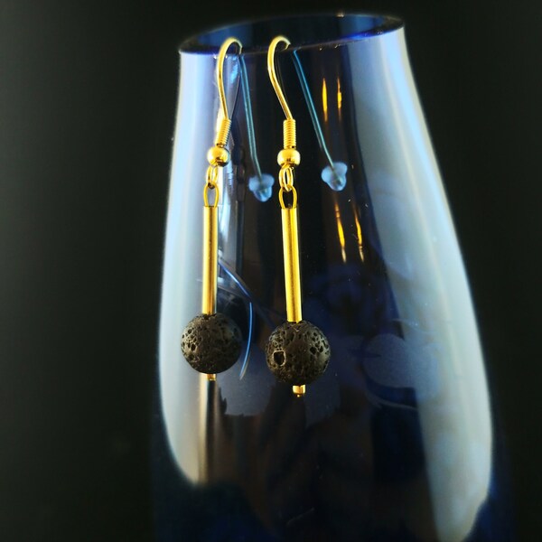 Polished Icelandic Lava Rock Earring with Golden Plated Tube Spacer