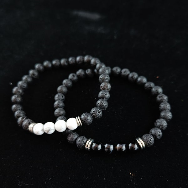 6mm LavaRock bracelets - White Natural Howlite and Black Onyx