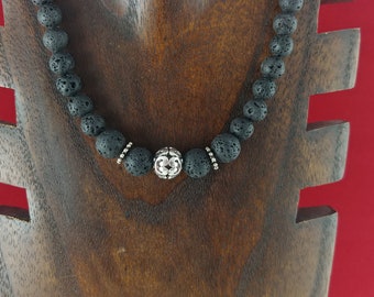 Lava Stone Necklace with Tibetan Silver Charm