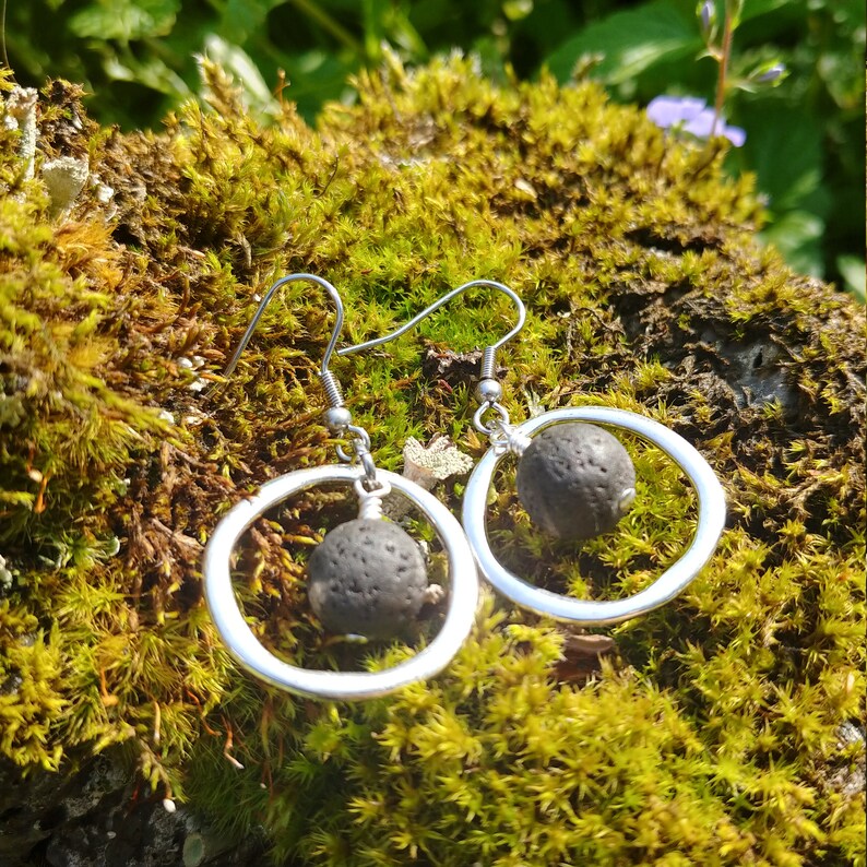 Silver Circle Earrings with Lava Rock image 6